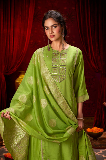 Nafisa Green Hand-Embellished Sequin & Glass Bugle Bead Work Suit Set with Jacquard Dupatta in Pure Muslin with Soft Cotton Mul Lining