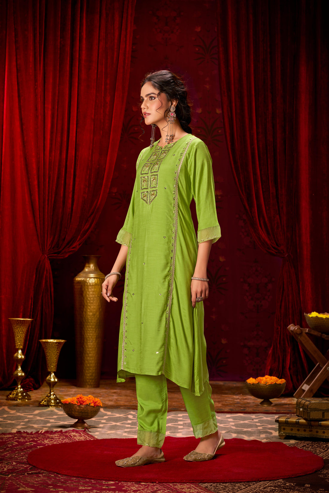 Nafisa Green Hand-Embellished Sequin & Glass Bugle Bead Work Suit Set with Jacquard Dupatta in Pure Muslin with Soft Cotton Mul Lining
