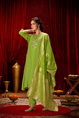 Nafisa Green Hand-Embellished Sequin & Glass Bugle Bead Work Suit Set with Jacquard Dupatta in Pure Muslin with Soft Cotton Mul Lining