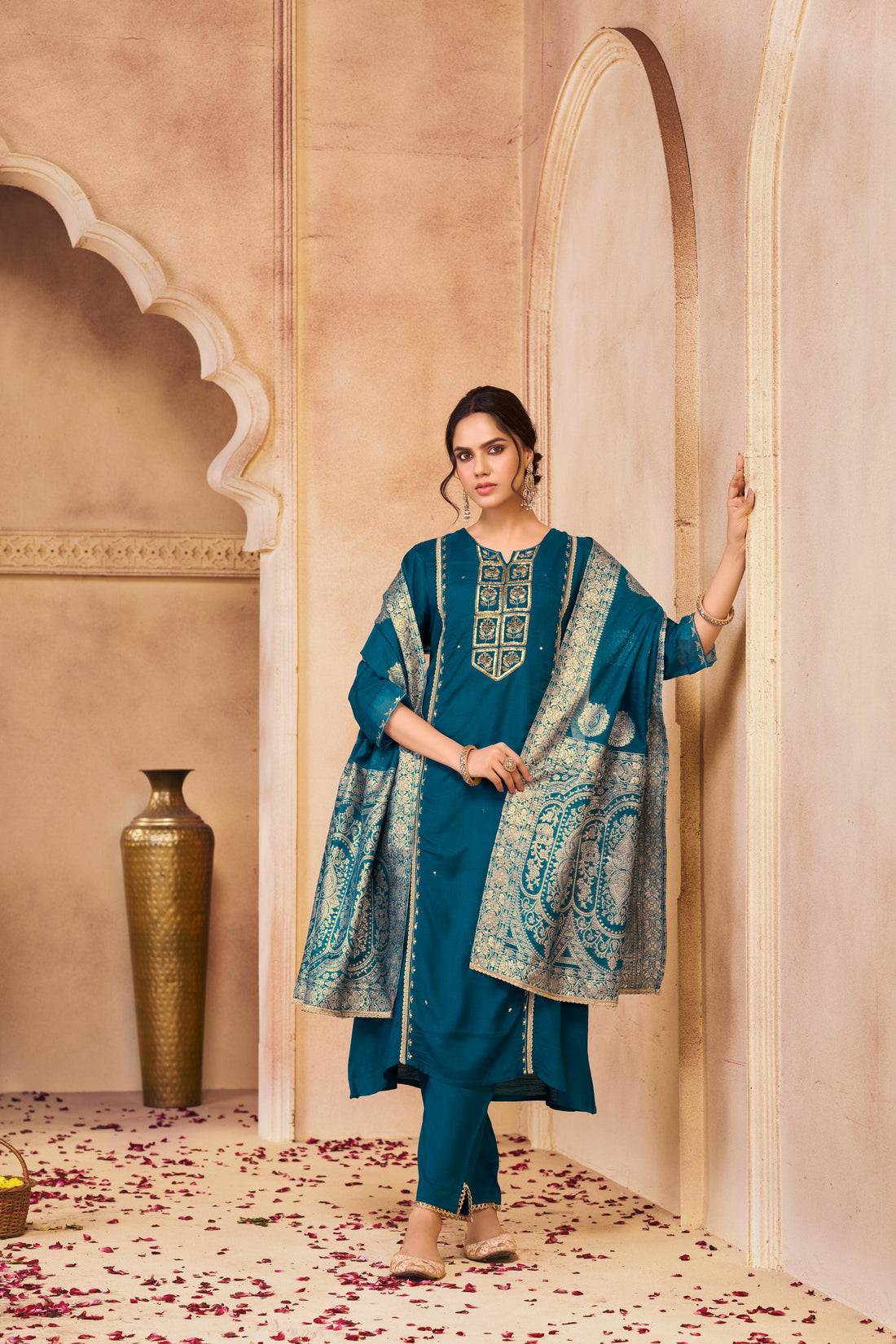 Nafisa Teal Hand-Embellished Sequin & Glass Bugle Bead Work Suit Set with Jacquard Dupatta in Pure Muslin with Soft Cotton Mul Lining