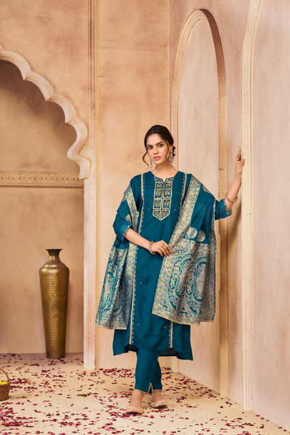 Nafisa Teal Hand-Embellished Sequin & Glass Bugle Bead Work Suit Set with Jacquard Dupatta in Pure Muslin with Soft Cotton Mul Lining