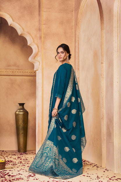 Nafisa Teal Hand-Embellished Sequin & Glass Bugle Bead Work Suit Set with Jacquard Dupatta in Pure Muslin with Soft Cotton Mul Lining