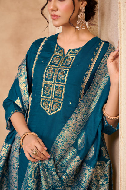 Nafisa Teal Hand-Embellished Sequin & Glass Bugle Bead Work Suit Set with Jacquard Dupatta in Pure Muslin with Soft Cotton Mul Lining