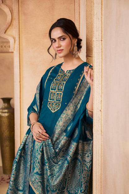 Nafisa Teal Hand-Embellished Sequin & Glass Bugle Bead Work Suit Set with Jacquard Dupatta in Pure Muslin with Soft Cotton Mul Lining