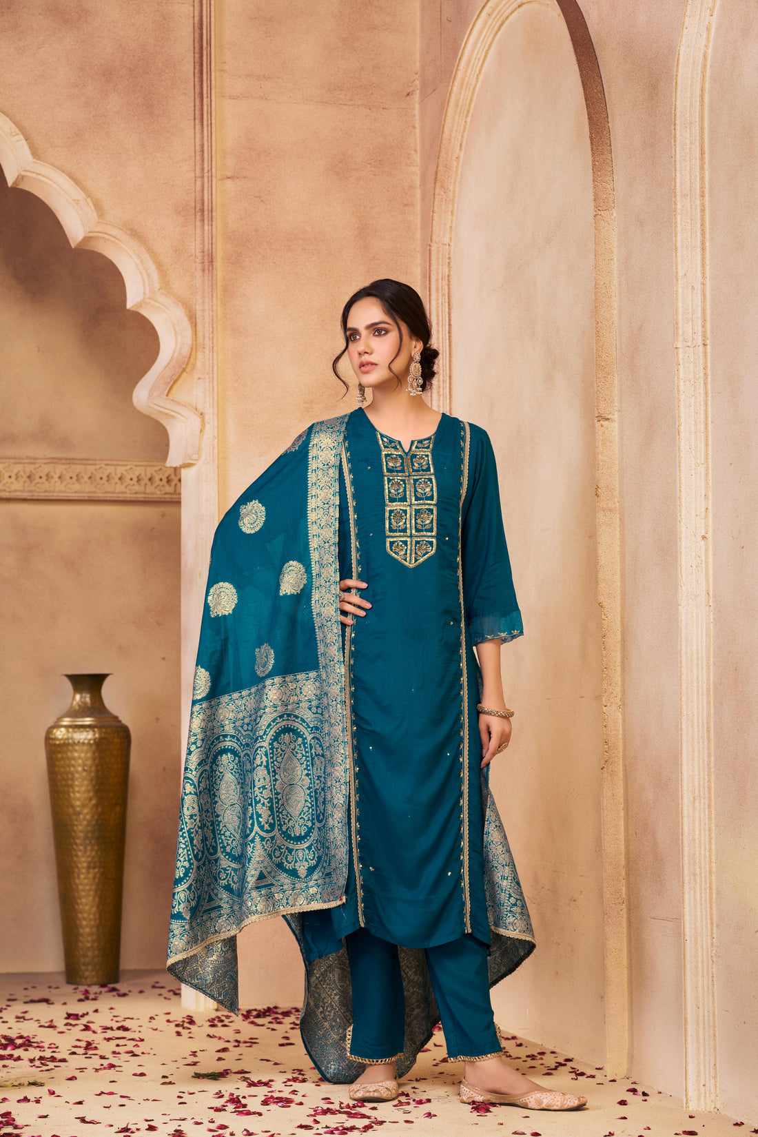Nafisa Teal Hand-Embellished Sequin & Glass Bugle Bead Work Suit Set with Jacquard Dupatta in Pure Muslin with Soft Cotton Mul Lining