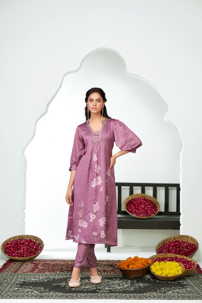 Reeva Lavender Floral Printed Kurta Set with Glass Bugle, Pearl Hand Embellished Neckline in Satin Silk with Cotton Mul Lining