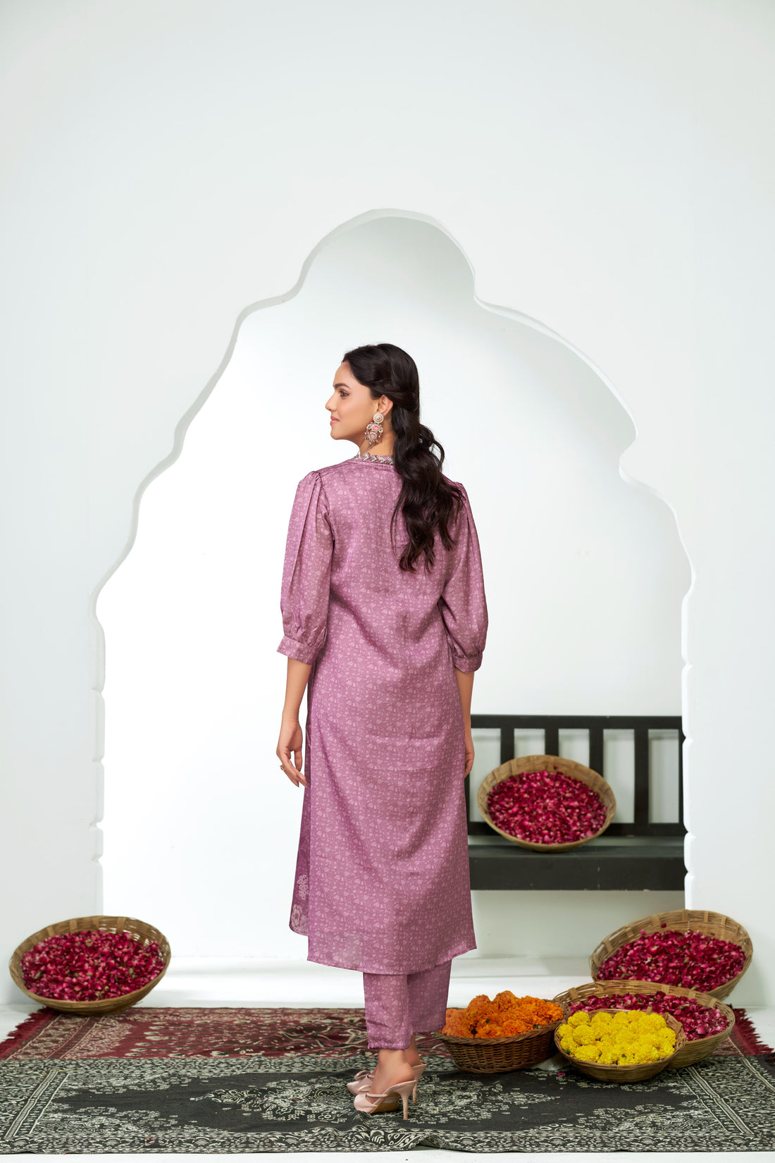 Reeva Lavender Floral Printed Kurta Set with Glass Bugle, Pearl Hand Embellished Neckline in Satin Silk with Cotton Mul Lining