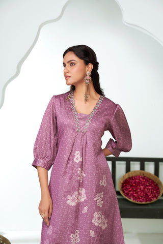 Reeva Lavender Floral Printed Kurta Set with Glass Bugle, Pearl Hand Embellished Neckline in Satin Silk with Cotton Mul Lining