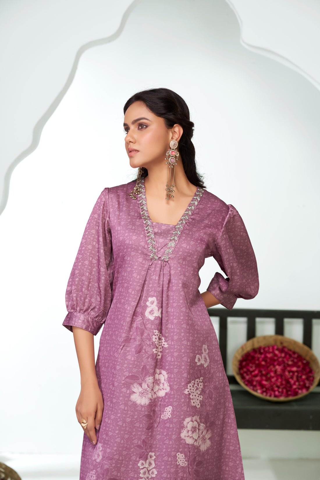 Reeva Lavender Floral Printed Kurta Set with Glass Bugle, Pearl Hand Embellished Neckline in Satin Silk with Cotton Mul Lining