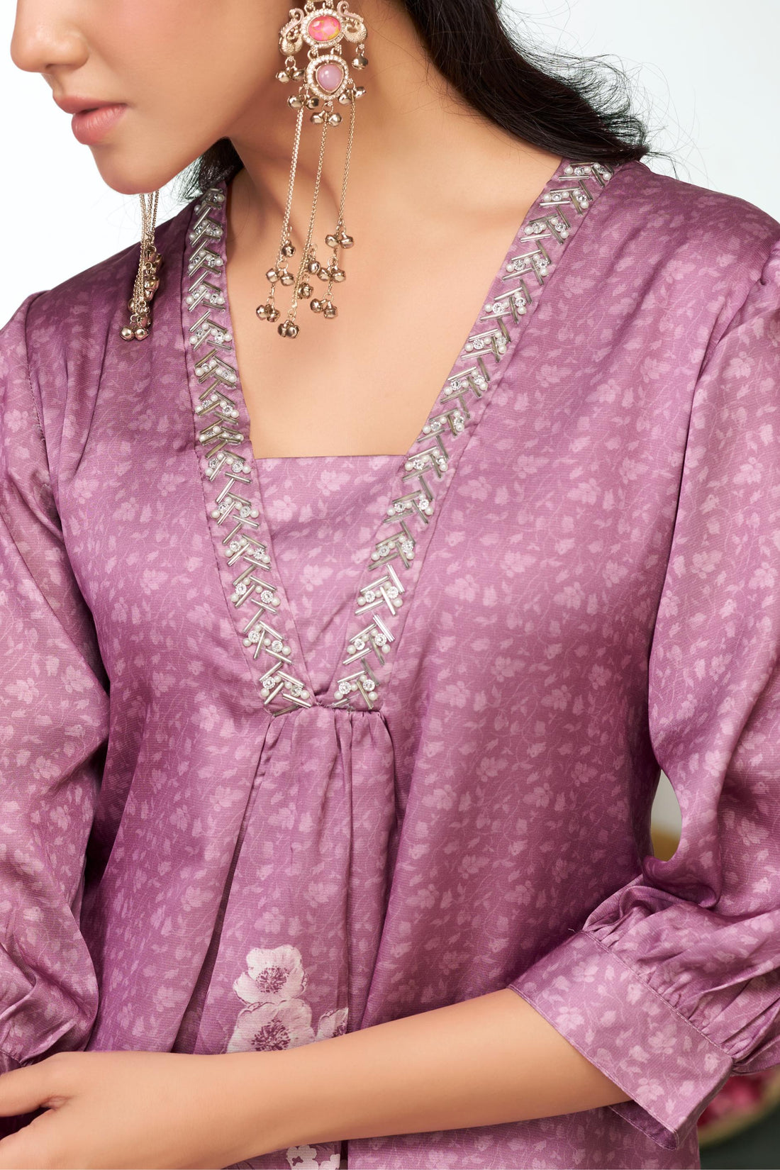 Reeva Lavender Floral Printed Kurta Set with Glass Bugle, Pearl Hand Embellished Neckline in Satin Silk with Cotton Mul Lining