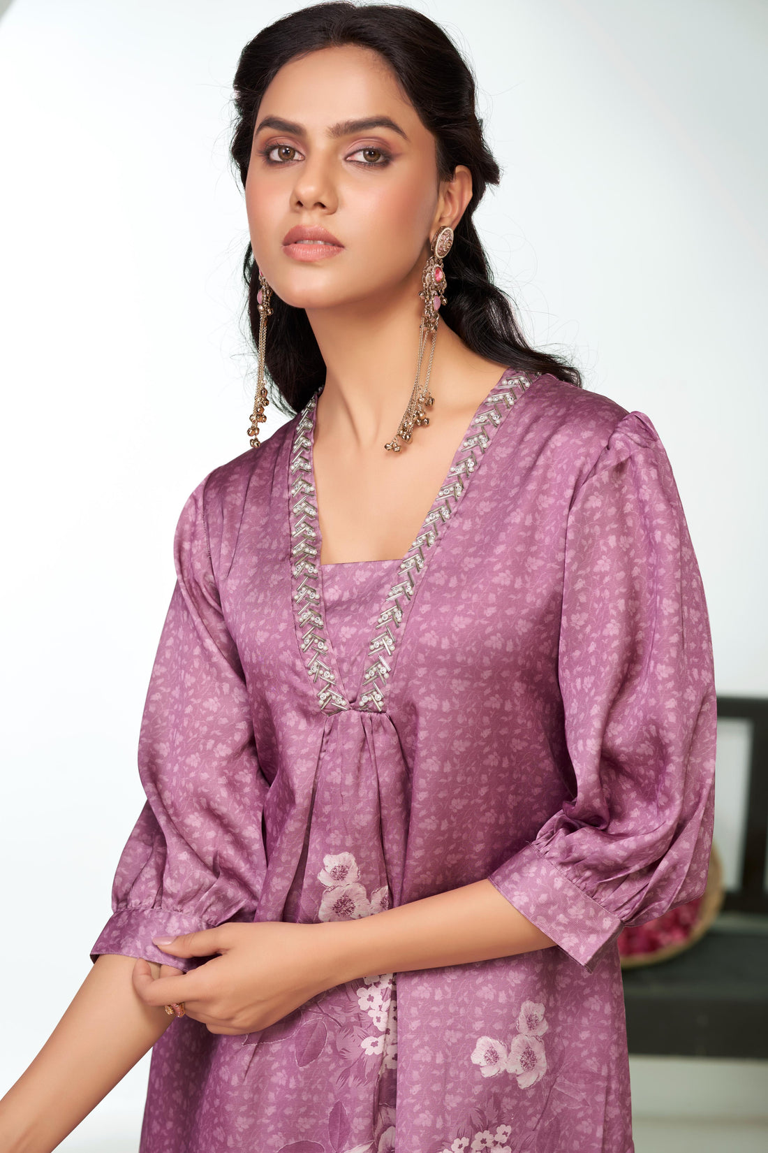 Reeva Lavender Floral Printed Kurta Set with Glass Bugle, Pearl Hand Embellished Neckline in Satin Silk with Cotton Mul Lining