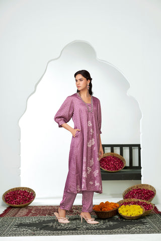 Reeva Lavender Floral Printed Kurta Set with Glass Bugle, Pearl Hand Embellished Neckline in Satin Silk with Cotton Mul Lining