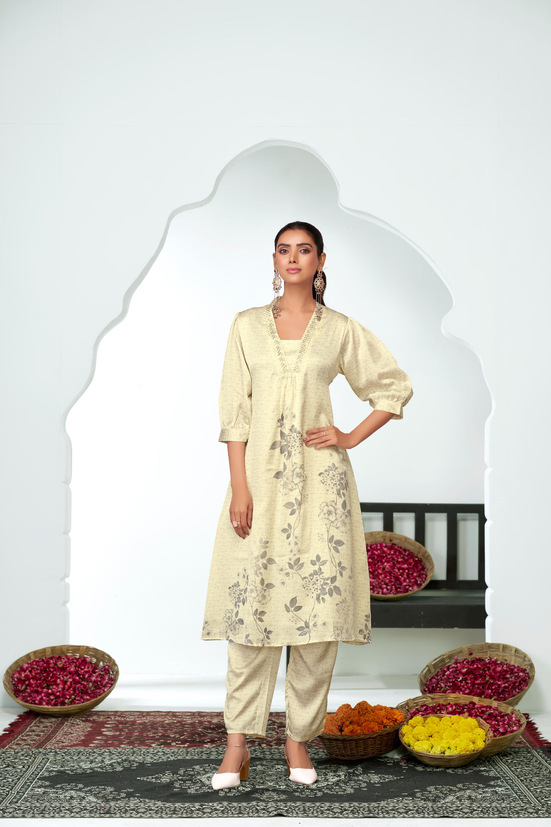Reeva Off White Floral Printed Kurta Set with Glass Bugle, Pearl Hand Embellished Neckline in Satin Silk with Cotton Mul Lining