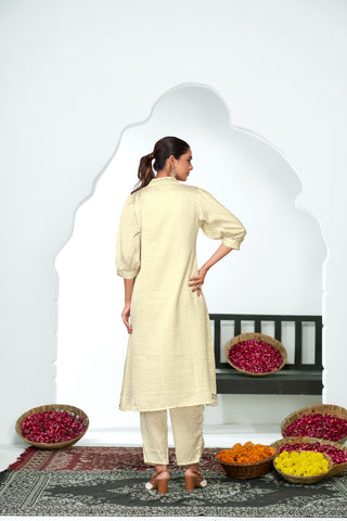 Reeva Off White Floral Printed Kurta Set with Glass Bugle, Pearl Hand Embellished Neckline in Satin Silk with Cotton Mul Lining