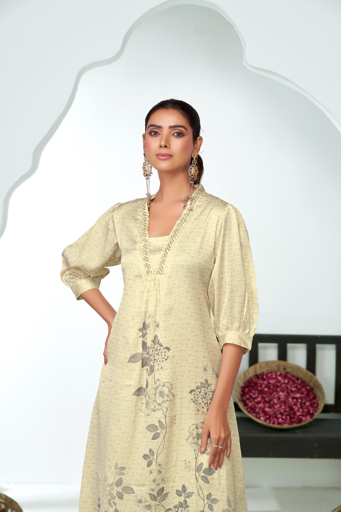 Reeva Off White Floral Printed Kurta Set with Glass Bugle, Pearl Hand Embellished Neckline in Satin Silk with Cotton Mul Lining