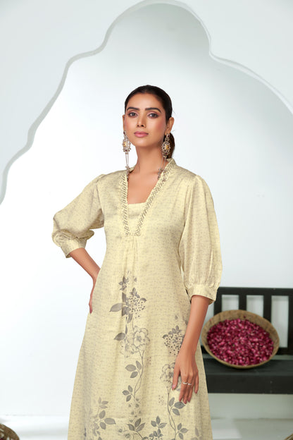 Reeva Off White Floral Printed Kurta Set with Glass Bugle, Pearl Hand Embellished Neckline in Satin Silk with Cotton Mul Lining