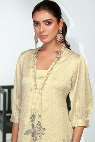 Reeva Off White Floral Printed Kurta Set with Glass Bugle, Pearl Hand Embellished Neckline in Satin Silk with Cotton Mul Lining