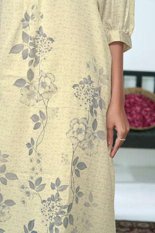 Reeva Off White Floral Printed Kurta Set with Glass Bugle, Pearl Hand Embellished Neckline in Satin Silk with Cotton Mul Lining
