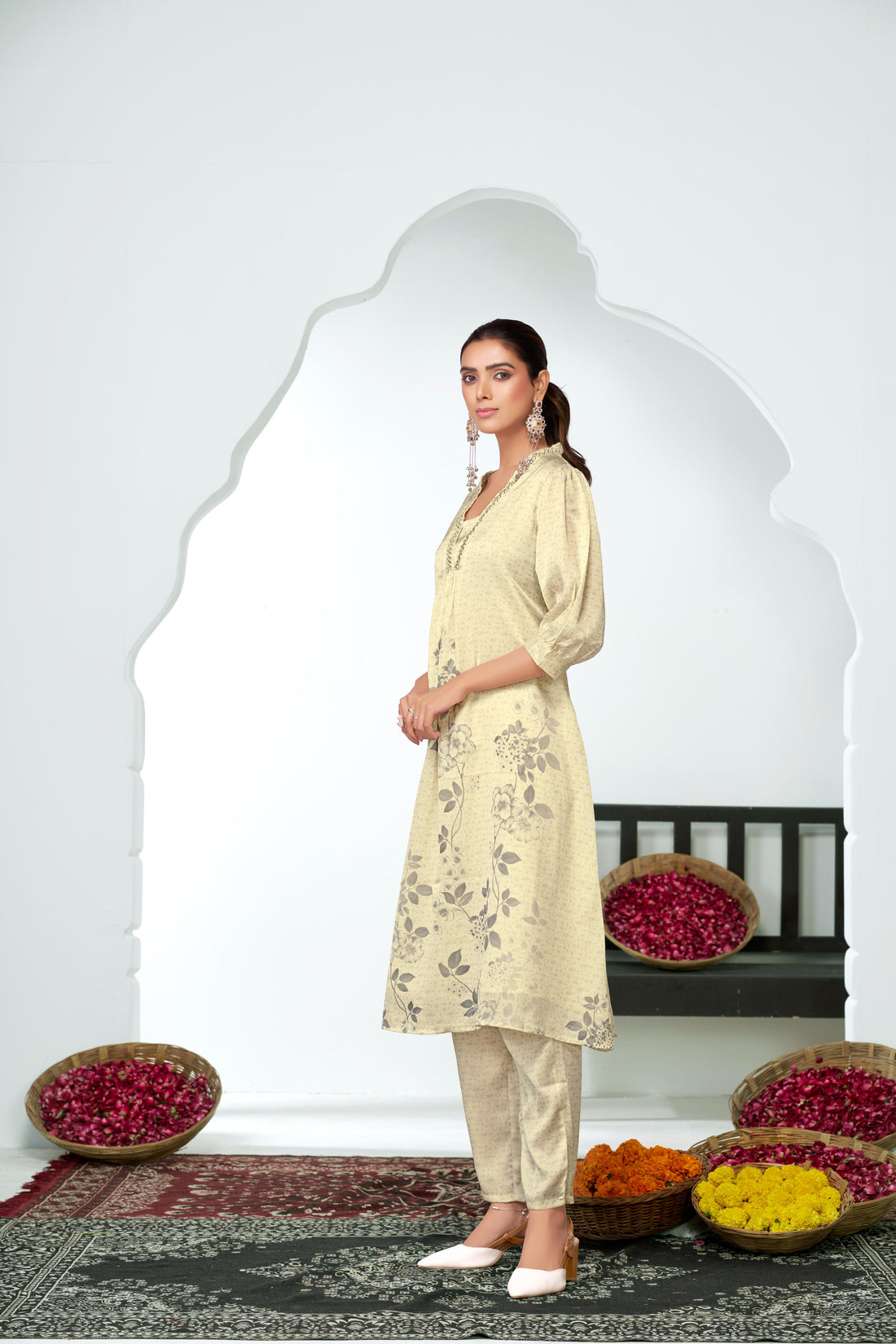 Reeva Off White Floral Printed Kurta Set with Glass Bugle, Pearl Hand Embellished Neckline in Satin Silk with Cotton Mul Lining