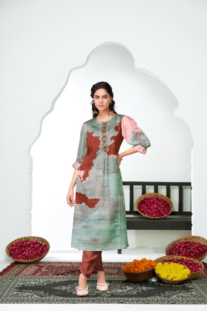 Tanya Pink Printed Satin Silk Kurta Set with Handcrafted Bead, Sequin & Thread Embroidered Designer Placket with Cotton Mul Lining