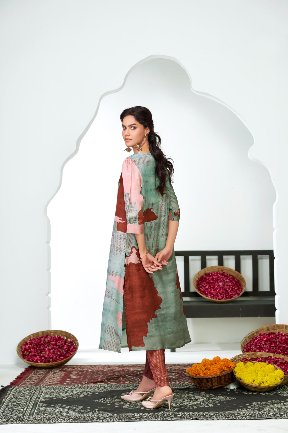Tanya Pink Printed Satin Silk Kurta Set with Handcrafted Bead, Sequin & Thread Embroidered Designer Placket with Cotton Mul Lining