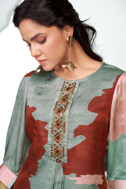 Tanya Pink Printed Satin Silk Kurta Set with Handcrafted Bead, Sequin & Thread Embroidered Designer Placket with Cotton Mul Lining