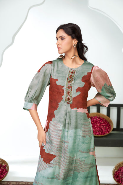 Tanya Pink Printed Satin Silk Kurta Set with Handcrafted Bead, Sequin & Thread Embroidered Designer Placket with Cotton Mul Lining