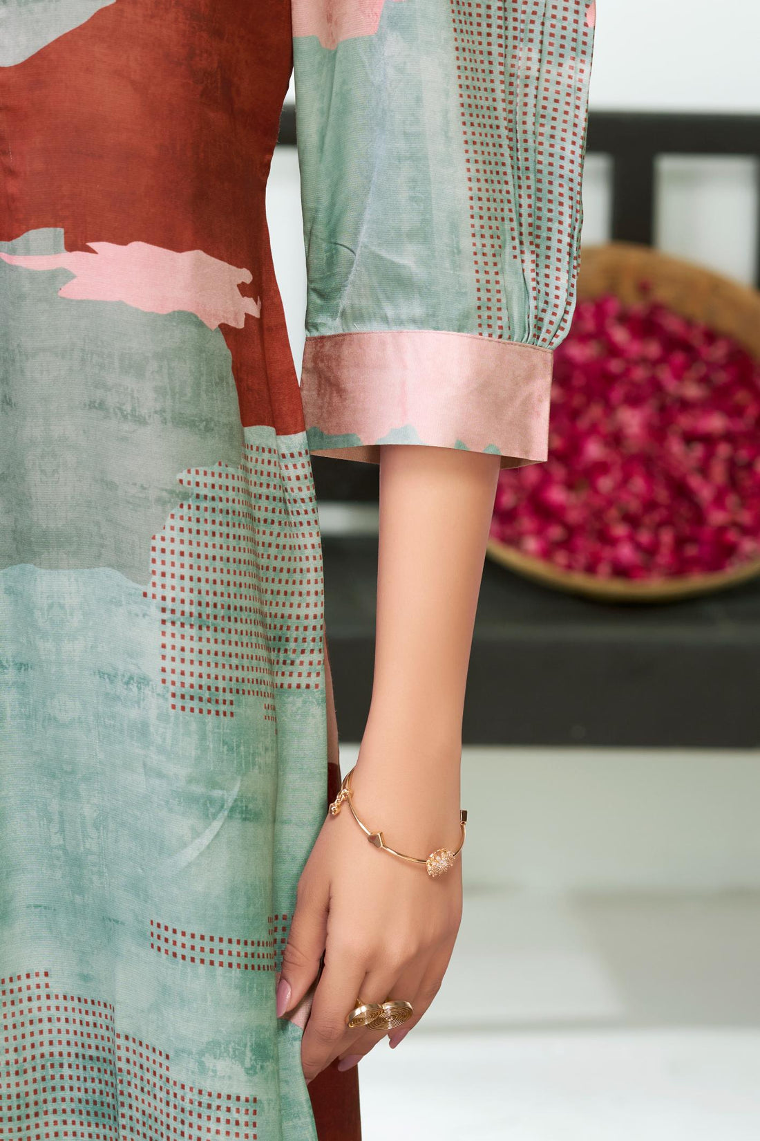 Tanya Pink Printed Satin Silk Kurta Set with Handcrafted Bead, Sequin & Thread Embroidered Designer Placket with Cotton Mul Lining