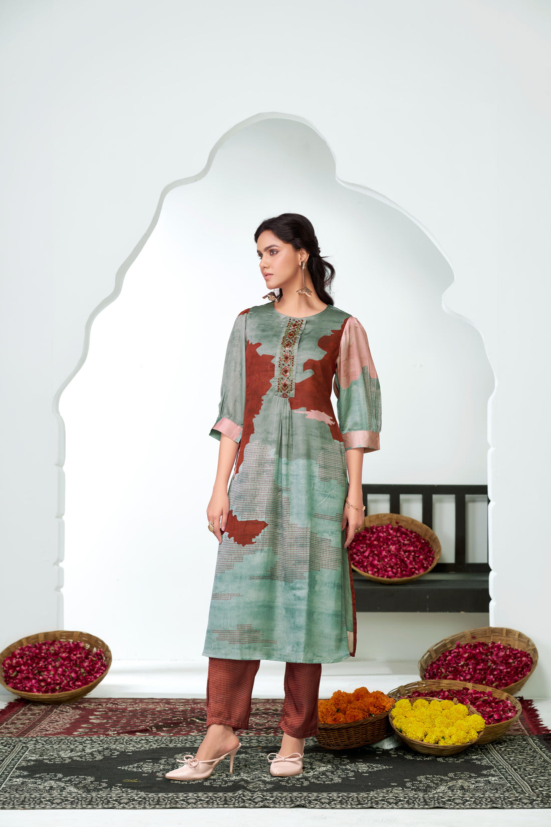 Tanya Pink Printed Satin Silk Kurta Set with Handcrafted Bead, Sequin & Thread Embroidered Designer Placket with Cotton Mul Lining