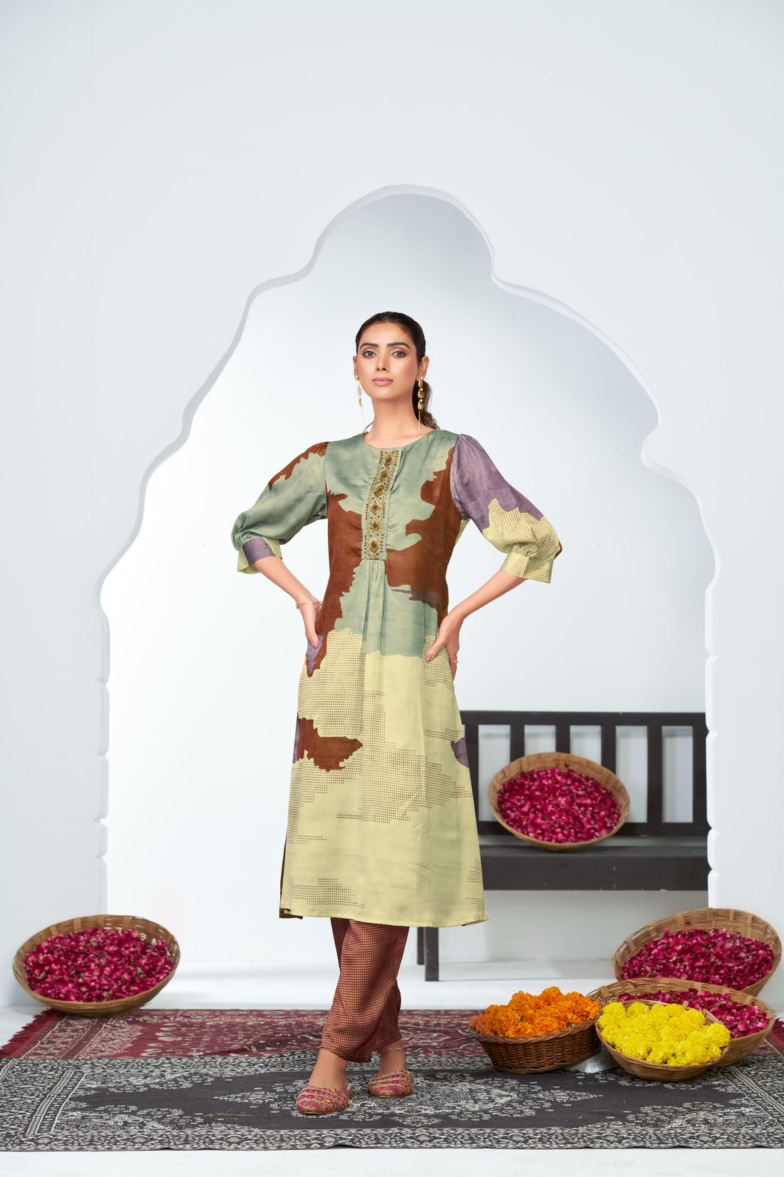 Tanya Purple Printed Satin Silk Kurta Set with Handcrafted Bead, Sequin & Thread Embroidered Designer Placket with Cotton Mul Lining