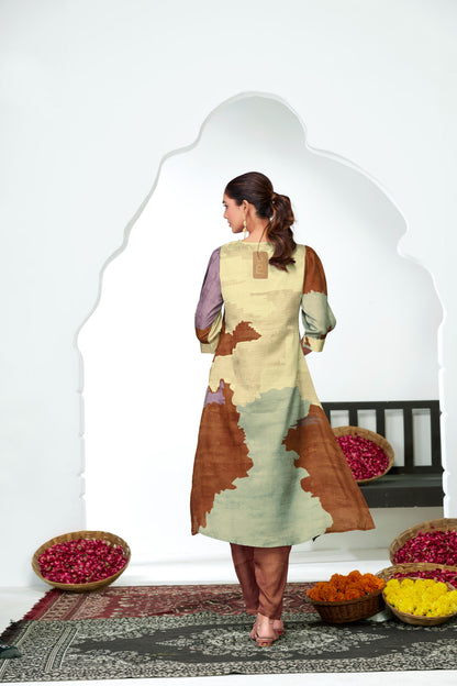 Tanya Purple Printed Satin Silk Kurta Set with Handcrafted Bead, Sequin & Thread Embroidered Designer Placket with Cotton Mul Lining