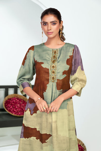 Tanya Purple Printed Satin Silk Kurta Set with Handcrafted Bead, Sequin & Thread Embroidered Designer Placket with Cotton Mul Lining