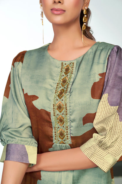 Tanya Purple Printed Satin Silk Kurta Set with Handcrafted Bead, Sequin & Thread Embroidered Designer Placket with Cotton Mul Lining
