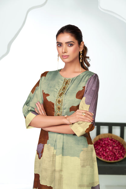 Tanya Purple Printed Satin Silk Kurta Set with Handcrafted Bead, Sequin & Thread Embroidered Designer Placket with Cotton Mul Lining