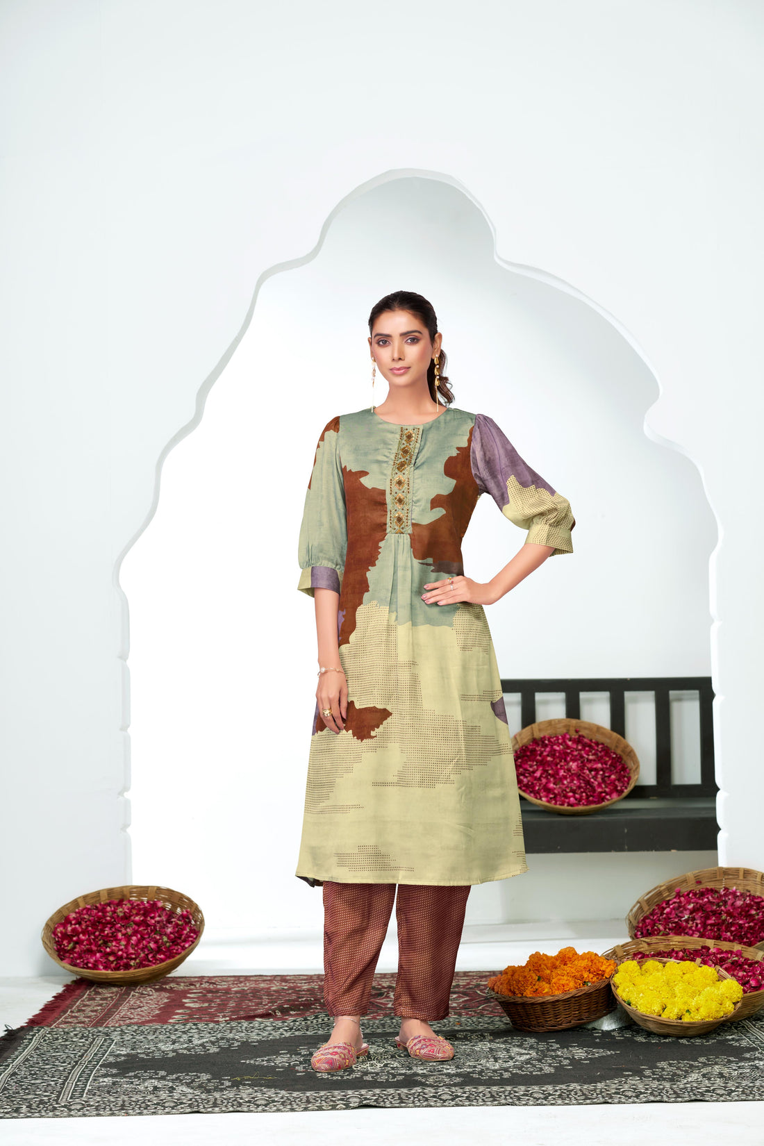 Tanya Purple Printed Satin Silk Kurta Set with Handcrafted Bead, Sequin & Thread Embroidered Designer Placket with Cotton Mul Lining