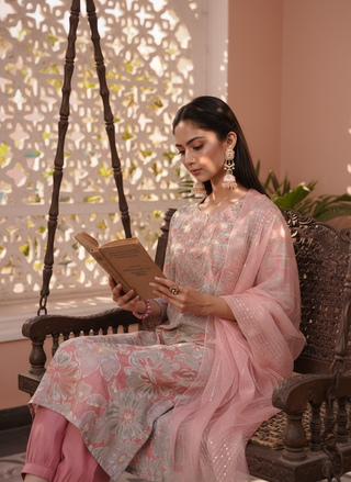 Diya Coral Chanderi Silk Kurta Set with Resham Zari Embroidered Yoke & Hand Sequin Work