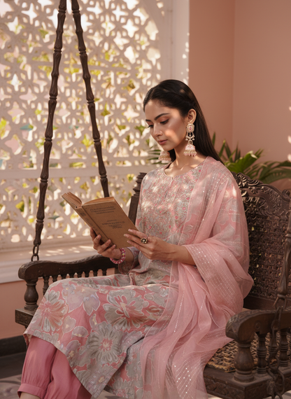 Diya Coral Chanderi Silk Kurta Set with Resham Zari Embroidered Yoke & Hand Sequin Work