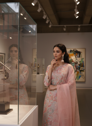 Diya Coral Chanderi Silk Kurta Set with Resham Zari Embroidered Yoke & Hand Sequin Work