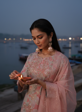 Diya Coral Chanderi Silk Kurta Set with Resham Zari Embroidered Yoke & Hand Sequin Work