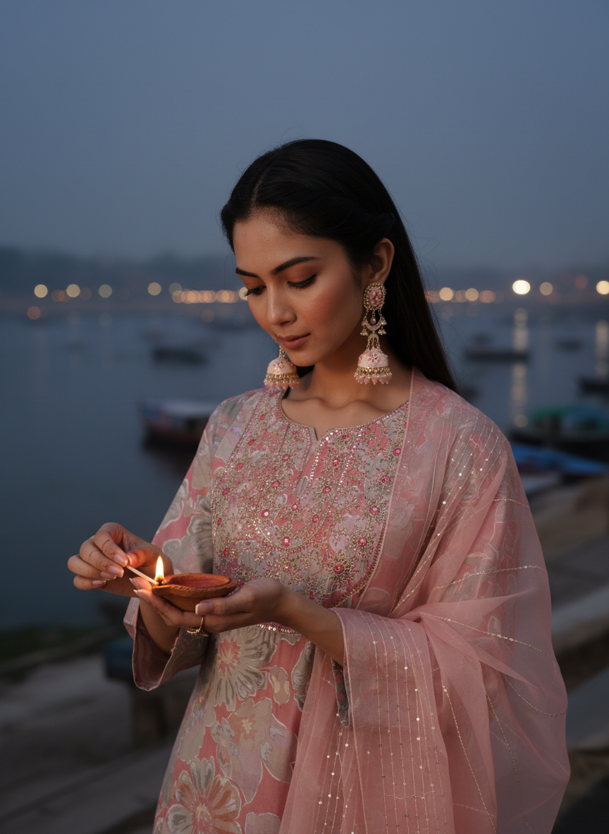 Diya Coral Chanderi Silk Kurta Set with Resham Zari Embroidered Yoke & Hand Sequin Work