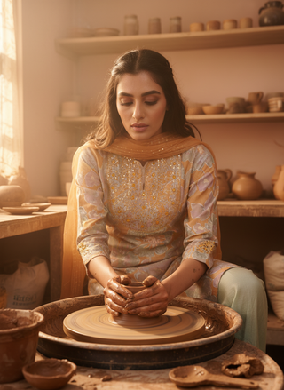 Diya Mustard Chanderi Silk Kurta Set with Resham Zari Embroidered Yoke & Hand Sequin Work