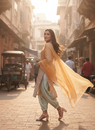 Diya Mustard Chanderi Silk Kurta Set with Resham Zari Embroidered Yoke & Hand Sequin Work