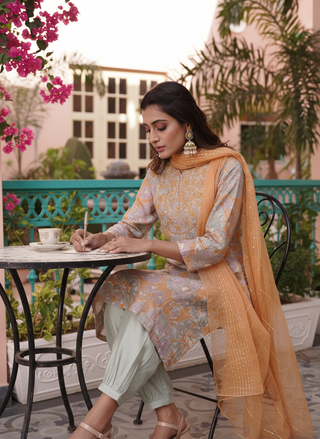 Diya Mustard Chanderi Silk Kurta Set with Resham Zari Embroidered Yoke & Hand Sequin Work