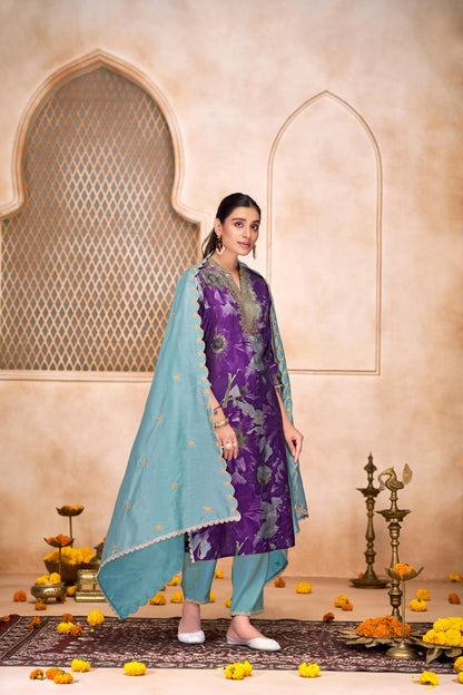 Shehnaaz Purple Hand Bead, Sequins & Zari Embellished Neckline Suit Set in Chanderi Silk with Pure Cotton Mul Lining