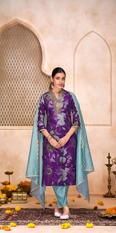 Shehnaaz Chanderi Purple Kurta Set with Dupatta