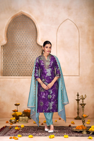 Shehnaaz Purple Hand Bead, Sequins & Zari Embellished Neckline Suit Set in Chanderi Silk with Pure Cotton Mul Lining