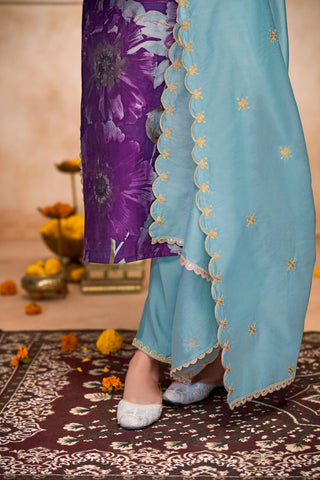 Shehnaaz Purple Hand Bead, Sequins & Zari Embellished Neckline Suit Set in Chanderi Silk with Pure Cotton Mul Lining