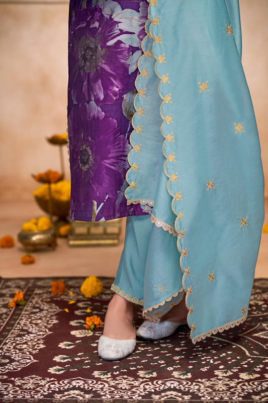 Shehnaaz Purple Hand Bead, Sequins & Zari Embellished Neckline Suit Set in Chanderi Silk with Pure Cotton Mul Lining