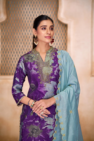 Shehnaaz Purple Hand Bead, Sequins & Zari Embellished Neckline Suit Set in Chanderi Silk with Pure Cotton Mul Lining