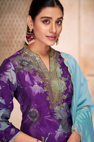 Shehnaaz Purple Hand Bead, Sequins & Zari Embellished Neckline Suit Set in Chanderi Silk with Pure Cotton Mul Lining
